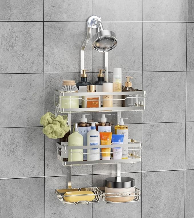 OMAIRA Shower Caddy Hanging with Soap Scrub Holder, Stainless Steel Adjustable No Drilling Non-Slip Large Capacity Sturdy Over Shower Head Shower Organizer Inside Shelves Bathroom Storage Rack, Silver by OMAIRA