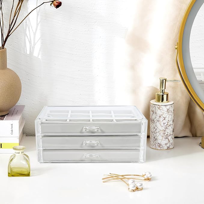 ProCase Earring Holder Organizer Jewelry Box with 3 Drawers, Acrylic Clear Earring Case with Adjustable Velvet Trays for Women - Warmwhite, 3 Layers - Image 6