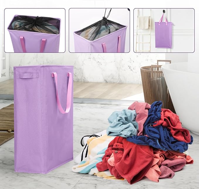 Odonata Slim Laundry Hamper Handles Collapsible Laundry Basket Thin Dirty Clothes Basket Narrow Laundry Bag Foldable Dirty Hamper 45L (Light Purple) - Image 7