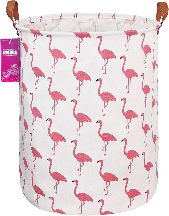 Laundry Hamper Large Canvas Fabric Lightweight Storage Basket/Toy Organizer/Dirty Clothes Collapsible Waterproof for College Dorms, Boys and Girls Bedroom,Bathroom(Flamingos) by INGHUA