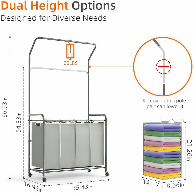 ROMOON Laundry Hamper Sorter Cart: 4 Section Organizer with Hanging Bar and Heavy-duty Lockable Wheels | 180L Rolling Laundry Basket with Clothes Rack in Laundry Room or Small Spaces (Grey) - Image 6