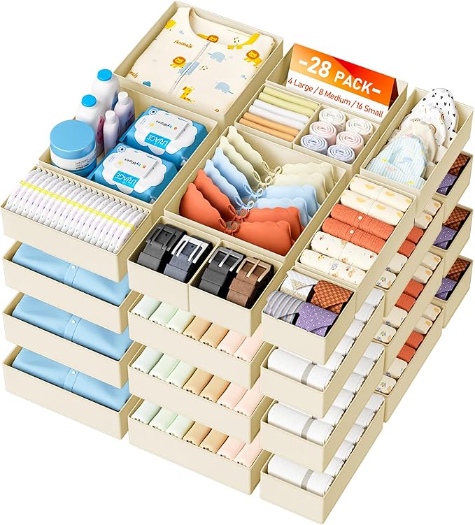 DIMJ Drawer Organizer Clothes 28 Pack - Foldable Baby Organizers and Storage & Closet Organizers for Bedroom, Closet - Nursery Organization Dresser Dividers for underwear, Sock,Bra, Belt, Tie,Beige by DiMJ