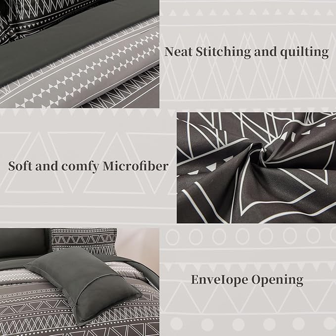 WONGS BEDDING Black Grey Boho Comforter Set King Size 7 Piece Stripe Gradient Bed Set Bed in a Bag Bedding Set for All Seasons Reversible Soft Microfiber Comforter with Sheets, Pillowcases & Shams