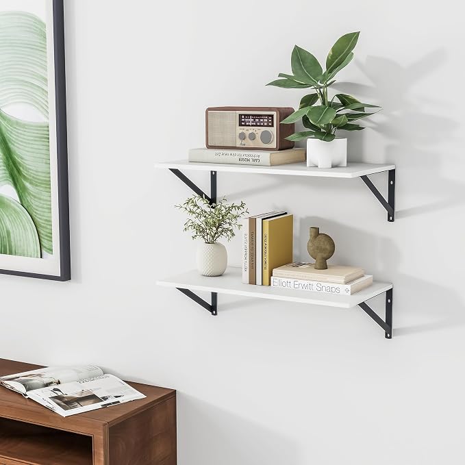 Heimlove White Deep Floating Shelves for Wall, 24W x 12D Wood Wall Shelves Set of 2, Wide Floating Bookshelf for Living Room, Kitchen, Office, Bedroom and Decor Storage, with Black Bracket - White - Image 5