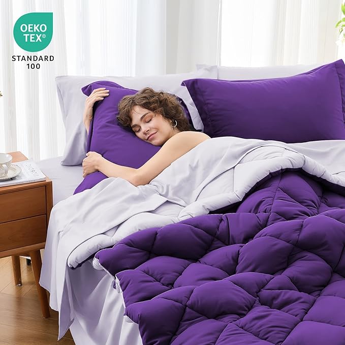 MUXHOMO 7 Pieces Full Comforter Set, Reversible Bed in a Bag Full Size, All Season Bedding Set with Comforter, Flat Sheet, Fitted Sheet, Pillowcases & Shams, Purple & Lavender