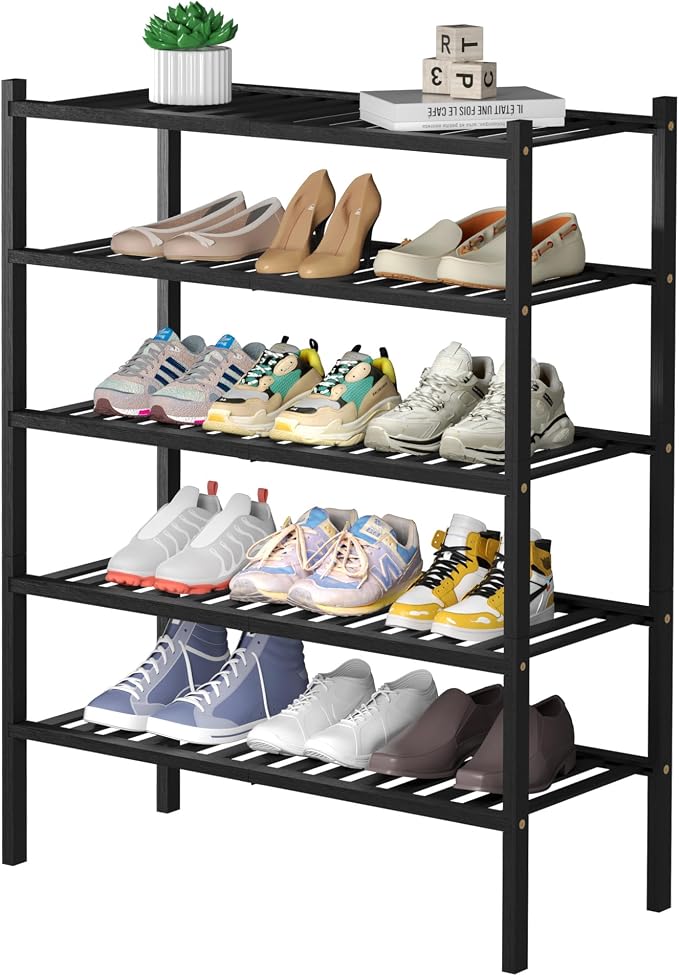 ROMGUAR CRAFT 5 Tier Bamboo Shoe Rack for Closet Free Standing Wood Shoe Shelf for Entryway Small Space Stackable 27"x11"x33" (Black) by ROMGUAR+CRAFT