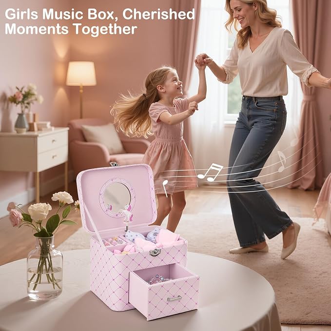 Basumee Musical Jewelry Box for Girls PU Leather Music Box with Drawer Large Kids Jewelry Organizer with Unicorn/Ballerina Jewelry Storage for Little Girls Ages 3–10, Birthday & Holiday Present - Image 7