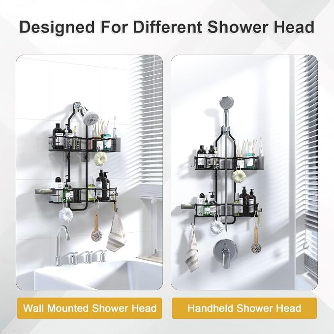 Shower Caddy Hanging Organizer, Rustproof Over Shower Head Caddy Holder with Hooks for Razor/Sponge, No Drilling Bathroom Racks Bath Storage Shelves for Shampoo Soap Towels, Black - Image 2