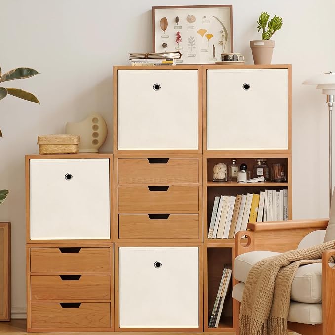 Foldable Storage Cubes Bins ,11 Inch Cloth Storage Cube Fabric Storage Box Cubes Organizer Baskets with Dual Handles for Home Organizer Set of 10 (Creamy-White) - Image 5