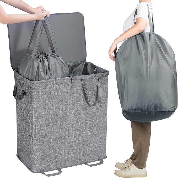 Lifewit Double Laundry Hamper with Lid and Removable Laundry Bags, Large Collapsible 2 Dividers Dirty Clothes Basket with Handles for Bedroom, Laundry Room, Closet, Bathroom, College, 136L Gray - Image 4