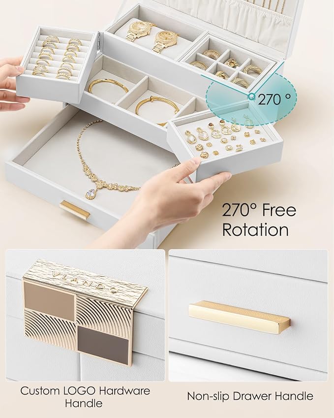Vlando 3 Layer Jewelry Box - Women Jewelry Box with Retractable Tray - Jewelry Organizers with Drawer for Necklaces, Rings, Bracelets, Earrings, Gift for Couples Mom Girls - White - Image 4