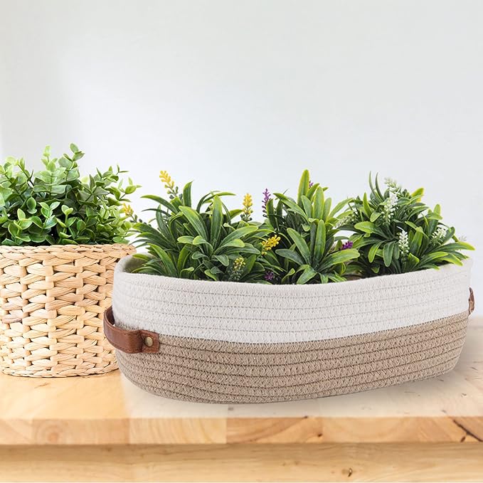 Cotton Rope Bathroom Decor Basket,Toilet Paper Holder Basket,Farmhouse Home Decor Organizing Baskets 13"x5.9"x4" Brown Stitching White - Image 6