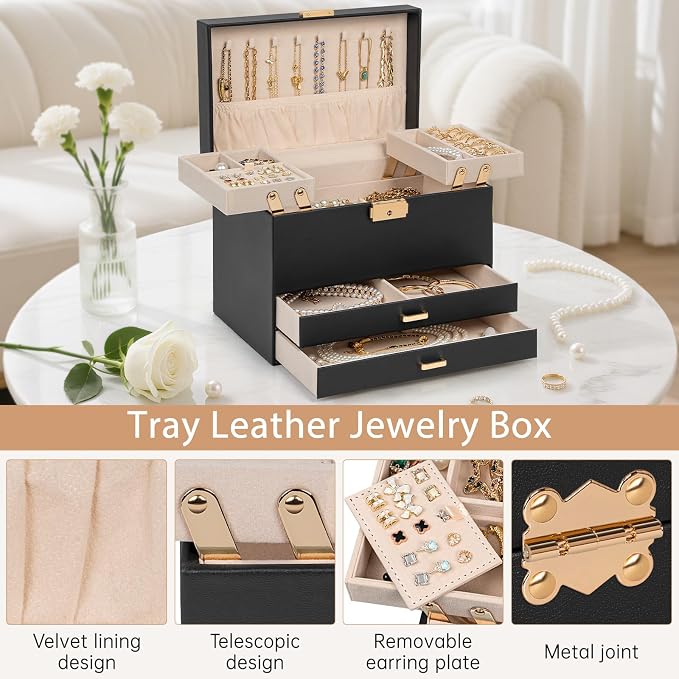 AKOZLIN Travel Jewelry Box Organizer Functional 2-trays Leather Jewelry Storage Case with Lockable Portable 2 Drawers for Women Girls Ring Necklace Earring Bracelet - Image 5