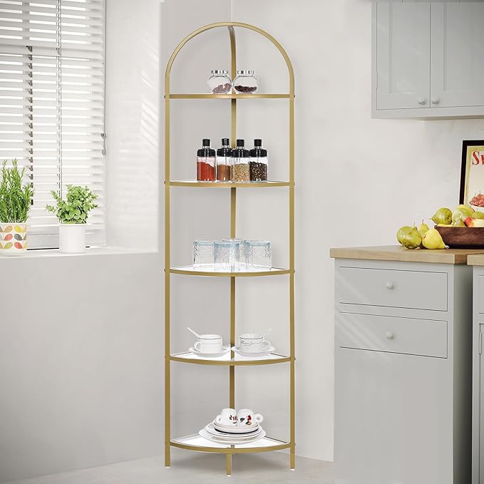 Homhedy 5-Tier Corner Shelf Stand, Metal Corner Bookshelf, Tempered Glass Shelves, Bathroom Storage Rack Shelf, Plant Stand, Modern Style, Golden - Image 4