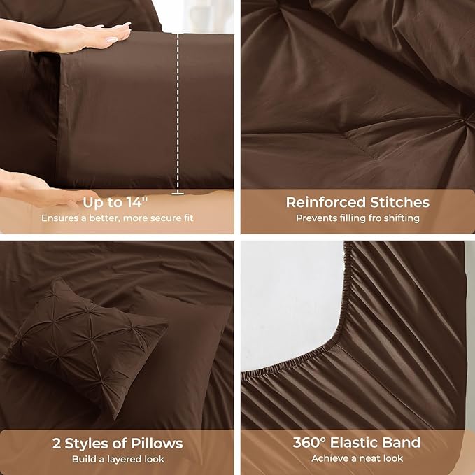 Sasttie Twin Comforter Set, 5-Piece Bed in a Bag, Pintuck Bedding Sets for All Season, Includes Comforter, Flat Sheet, Fitted Sheet, Pillowcase and Pillowsham, Dark Brown