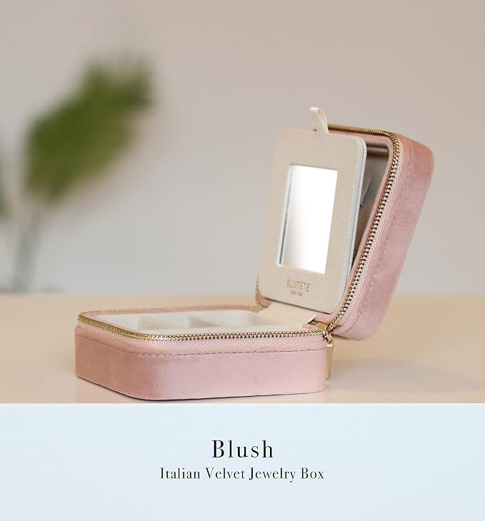 BLUTETE Travel Jewelry Box Organizer Velvet Travel Case With Mirror Ring Earrings Necklaces Storage Organizer Box (Blush) - Image 5
