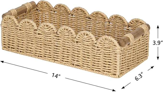 CubesLand Scalloped Edge Toilet Paper Storage Basket, Living Room Home Cozy Decor Basket, Paper Rope Small Baskets for Over Toilet Storage Shelf, End Table, Shelves, with 2 Wooden Handles, Beige - Image 7