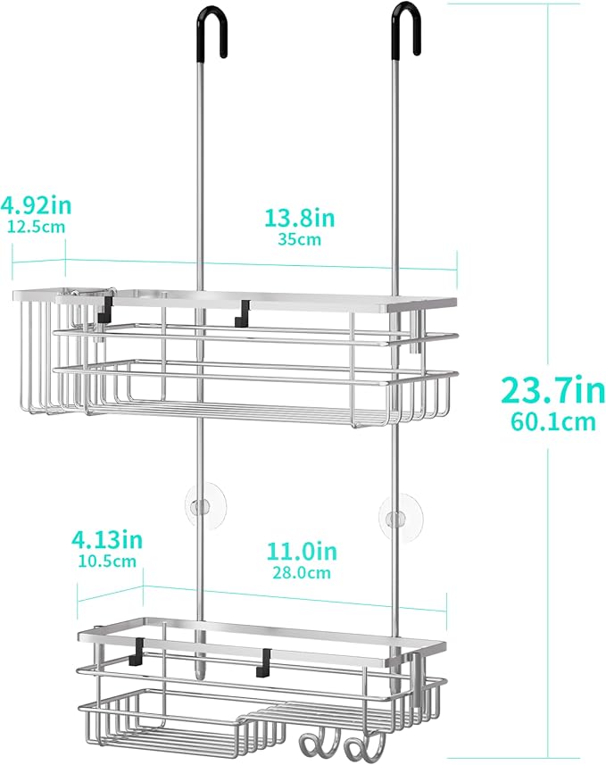 HapiRm Hanging Shower Caddy Organizer - No Drilling Shower Shelves with Hooks and Toothbrush Holder, Rustproof 304 Stainless Steel Bathroom Organizer - Brushed Nickel - Image 6