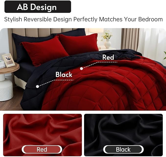 MUXHOMO 7 Pieces King Comforter Set, Reversible Bed in a Bag King Size, All Season Bedding Set with Comforter, Flat Sheet, Fitted Sheet, Pillowcases & Shams, Red & Black