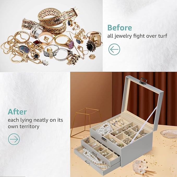 BOOVO Clear Lid Jewelry Box,3 Layers Jewelry Organizer Large Multi-Functional Jewelry Storage Box with 2 Drawers,Jewelry Display Case of Rings Earrings Necklace Bracelets for Women Girls (Grey) - Image 5