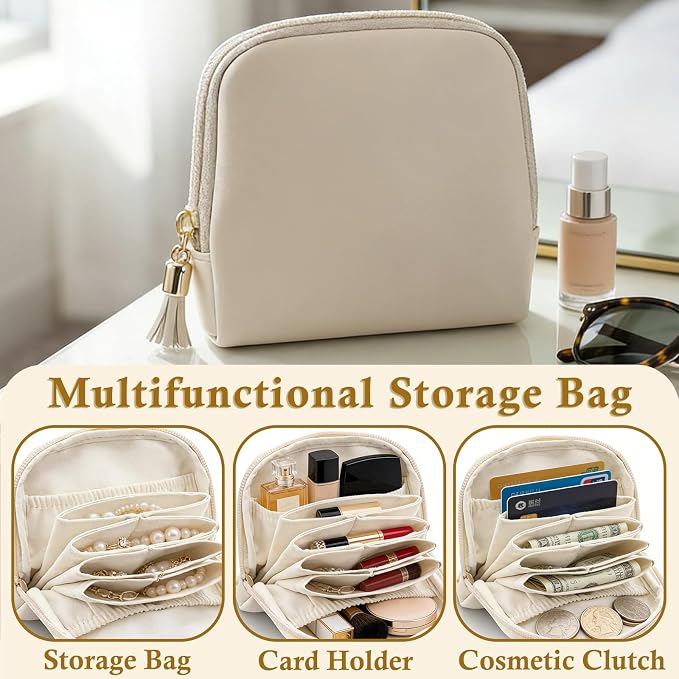 Ideal Swan Small Travel Jewelry Case, Valentines Gifts for Women, Portable Large-Capacity Tassel Jewelry Pouch Bags with Zipper, Beige Velvet Jewelry Organizer Storage Bag for Bracelet Rings Earring - Image 3