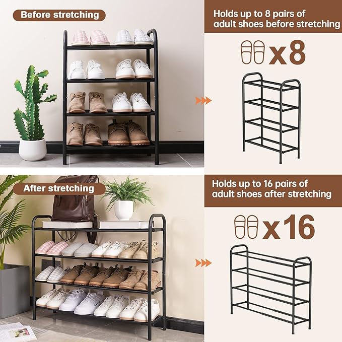 Gonfoam 4-Tier Expandable Shoe Rack,Adjustable Shoe Shelf Storage Organizer Heavy Duty Metal Free Standing Shoe Rack for Entryway Closet Doorway (Black) - Image 6