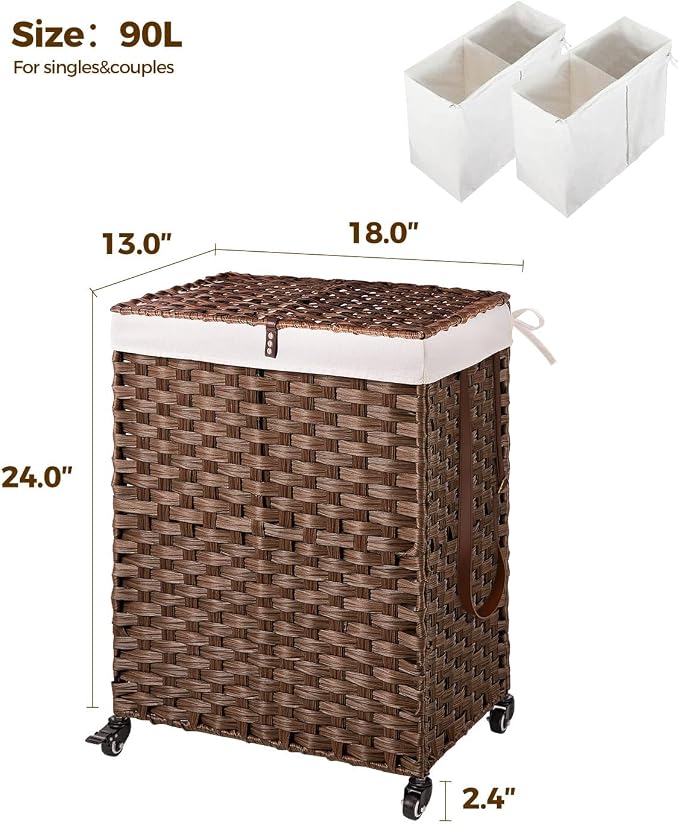 Greenstell Laundry Hamper with Wheels, No Install Needed, 90L Divided Handwoven Hampers & 2 Removable Liner Bags, Synthetic Rattan Clothes Laundry Basket with Lid & Handles, Foldable Hampers Brown - Image 6