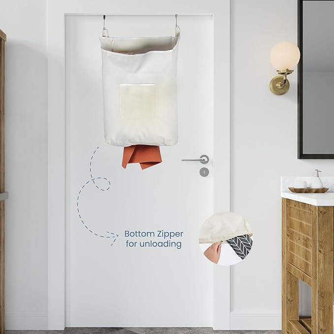 The Fine Living Co. Hanging Laundry Hamper with Over Door Hooks & Adhesive, Durable Space Saving Laundry Bag with Zipper and Wide Open Top, Hanging Dorm Laundry Hamper 18"x4.75"x28" (Beige-L) - Image 5