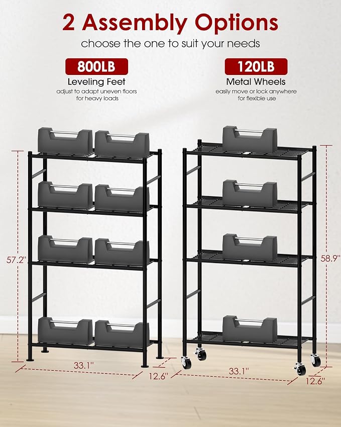 Sakugi Storage Shelves Organizer - 4 Tier Metal Shelf Organizer with Metal Wheels and Adjustable Leveling Feet, Heavy Duty Garage Shelving for Kitchen, Pantry and Closet, 33.1"x12.6"x58.9", Black - Image 3