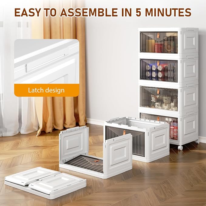 4 Tier Storage Bins with Lids, 23QT Stackable Closet Organizers and Storage with Wheels, Collapsible Storage Boxes, Foldable Plastic Storage Containers for Home,Office, Dorm Room-White - Image 3