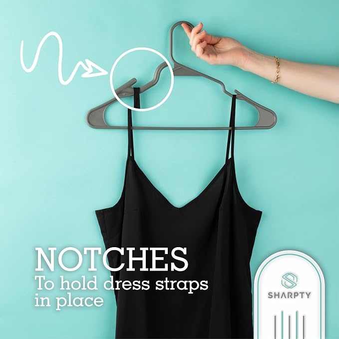 Sharpty Plastic Hangers Clothes Hangers for Clothing, Closet, Coats & Shirts - Notched, Durable, Thick, Tough & Space Saving - for Everyday Standard Use, Room Essentials & Basics - 50 Pack - Grey - Image 3