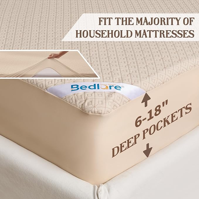 BEDLORE California King Size Mattress Protector, Waterproof Noiseless Mattress Cover with Stretchable Pockets for 6-15 inches Mattress, Soft Breathable Mattress Pad for College Dorm (Beige)
