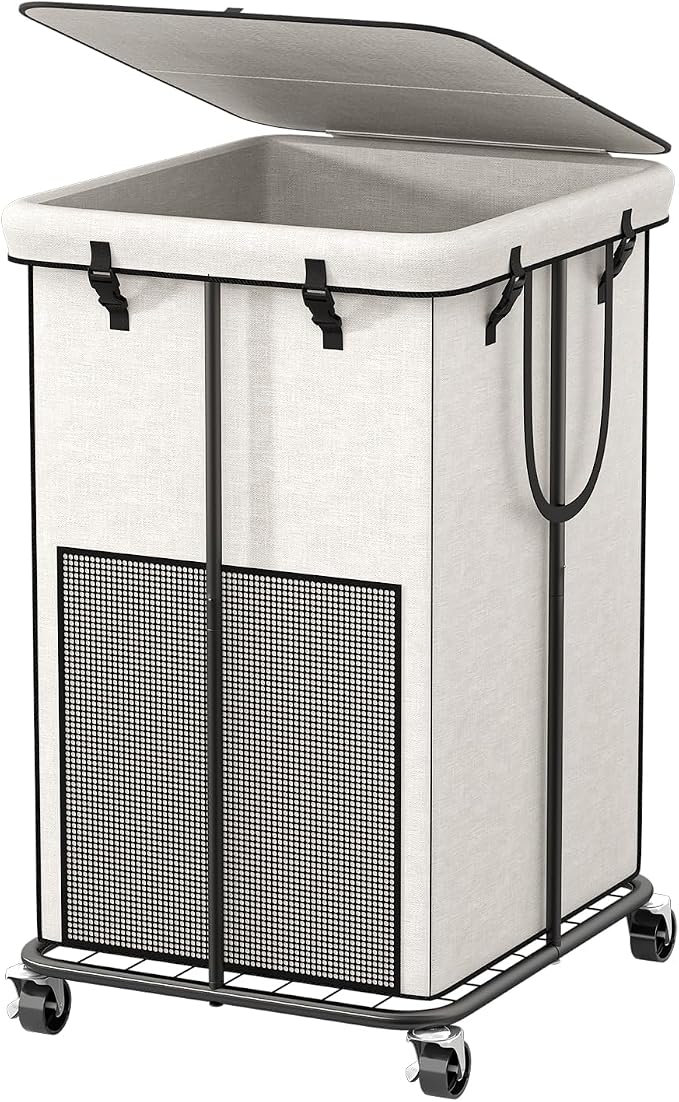 40 Gal Large Laundry Hamper with Lid, Rolling Laundry Basket with Wheels, Oxford Fabric Dirty Clothes Hampers with Removable Laundry Bag & Metal Frame for Bedroom, Laundry Room, Bathroom, Dorm(White) by Unknown