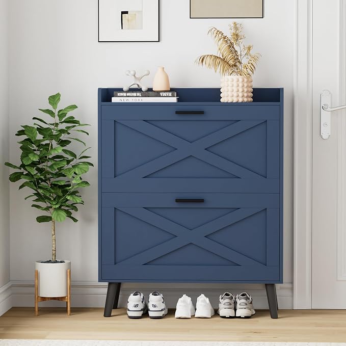 Homleke 32" W Farmhouse Shoe Storage Cabinet with 2 Flip Drawers and Barn Door Design, Adjustable Shelves, Modern Hidden Slim Narrow Shoe Rack Cabinet for Entryway, Foyer, Hallway, Living Room, Blue - Image 8