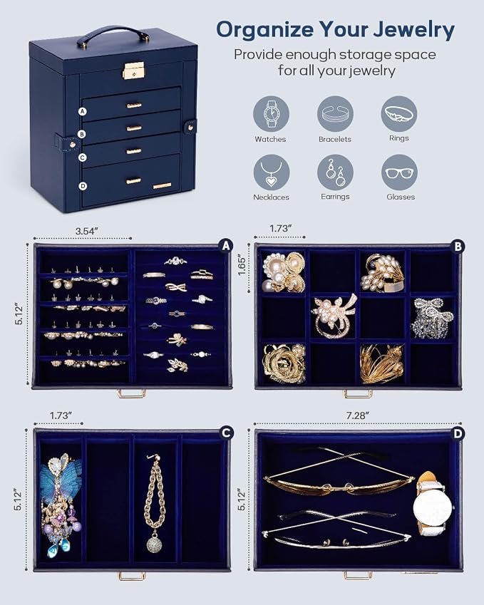 Homde Mothers Day Gifts Synthetic Leather Huge Jewelry Box Mirrored Watch Organizer Necklace Ring Earring Storage Lockable Gift Case (Dark Blue + Gold) - Image 3