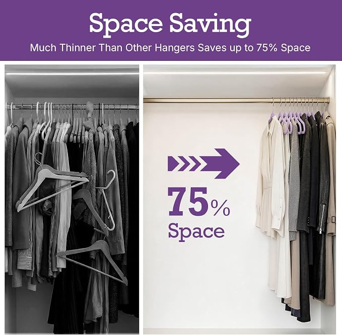 HOUSE DAY Lt-Purple Velvet Hangers 60 Pack, Non Slip Clothes Felt Hanger Heavy Duty for Coat, Premium Slim Space Saving Suit Hangers for Closet Organizer, 360° Rotating Silver Hook - Image 3