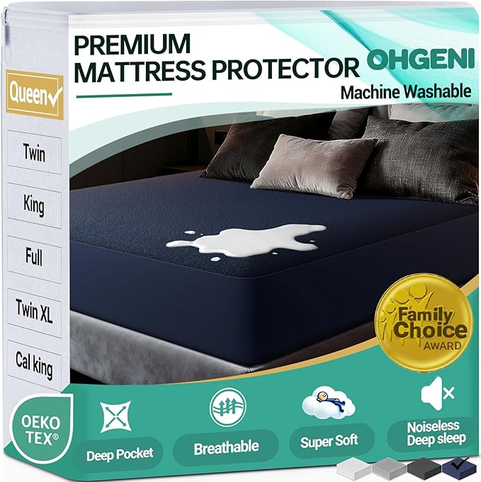 OhGeni 100% Waterproof Mattress Protector, Navy Blue Queen Size, Fitted Sheet with Deep Pockets, 6''-18'', Premium Noiseless Breathable Soft Material, Mattresses Cover for Bed