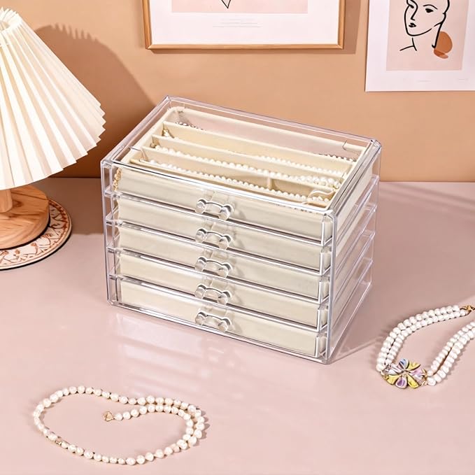 5 Drawers Necklace Organizer Storage, Tray with Clear Lid, Dustproof Velvet Necklaces Holder Storage Display Case, Necklace Tray Drawer Insert for Pendant Suitable for Women and Girls (25 grids) - Image 8