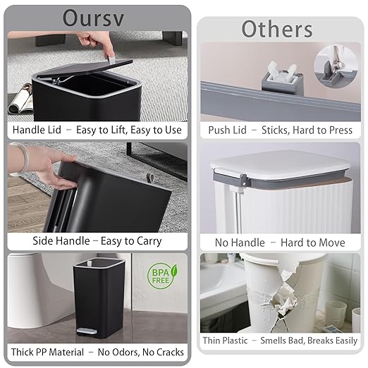 rejomiik Small Bathroom Trash Can with Lid, 2.1 Gallon Step Garbage Can with Handle, Slim Mini Wastebasket Bin for Bedroom, Office, Dorm, Black - Image 4