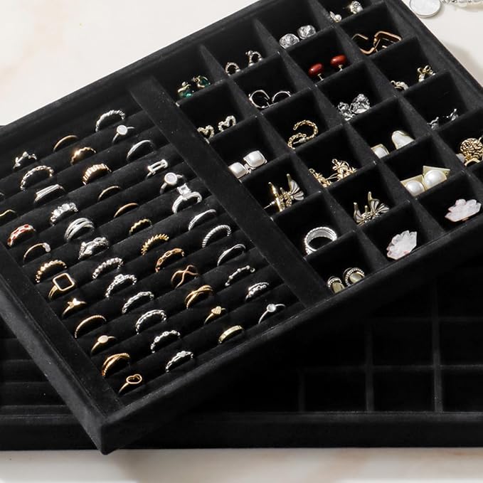 Large Velvet Jewelry Tray 2 Pack Stackable Jewelry Display Drawer Inserts Trays Organizer for Earring Bracelet Necklace Ring (Black, Ring and 24 Grids) - Image 6