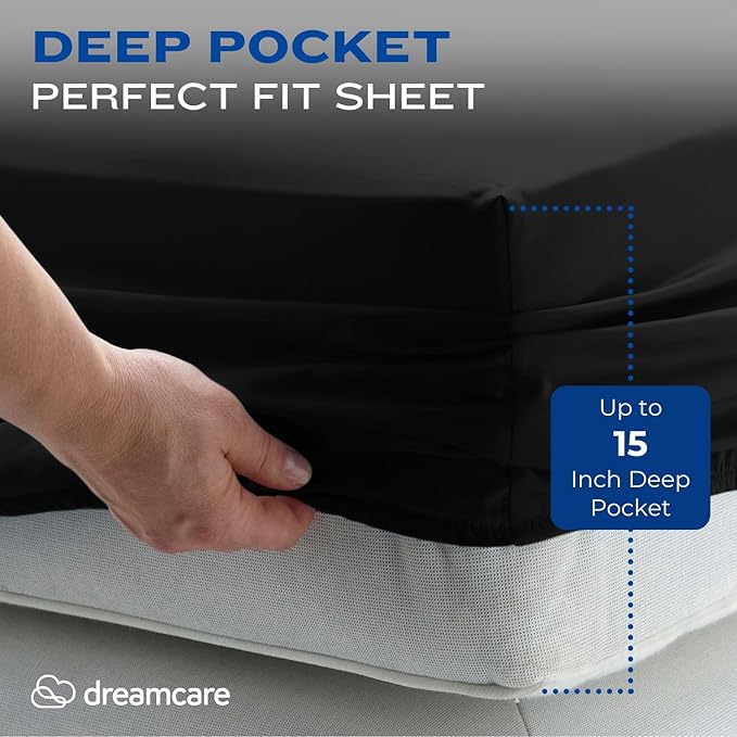 DREAMCARE Twin XL Sheet Sets - 4 pcs Breathable Cooling Bed Sheets - up to 15" Deep Pocket Twin XL Sheets Set with Side Pockets - Extra Soft 100% Brushed Hypoallergenic Hotel Luxury Bedding - Black