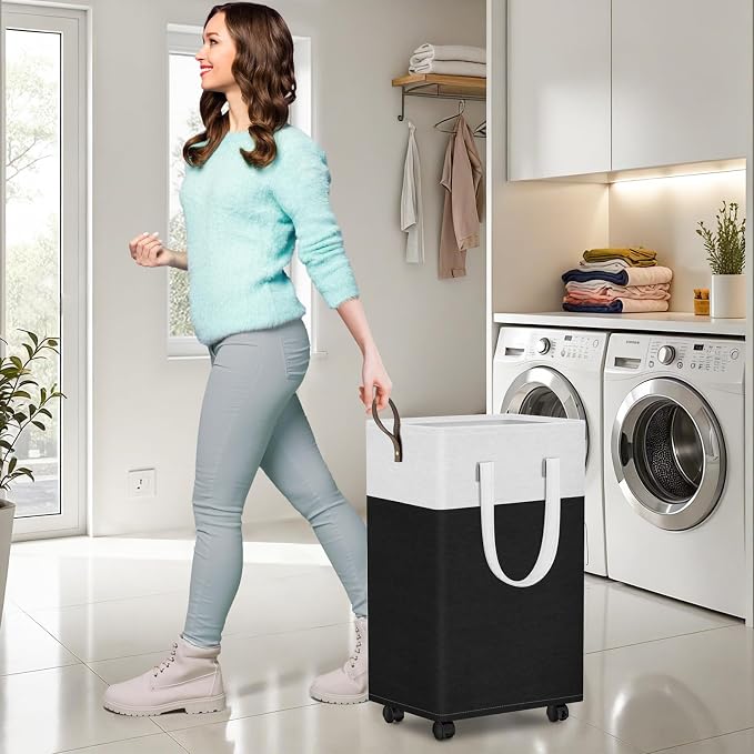 HomeHacks Laundry Basket with Wheels, Rolling Laundry Hamper, Collapsible & Waterproof Clothes Hamper, Narrow Corner Bins with Extended Handles for in the Family & Dorm 90L, Black - Image 5