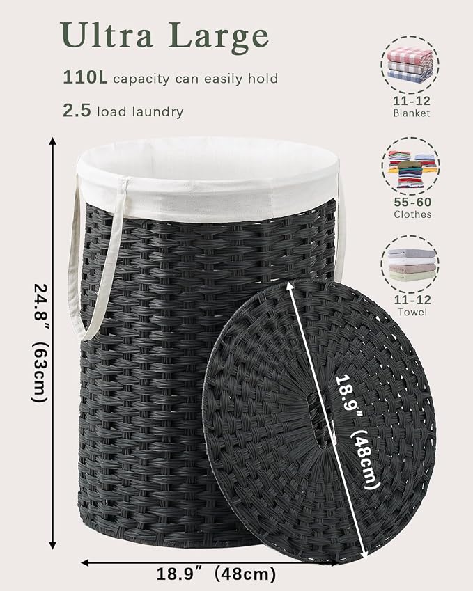 SETVSON Laundry Basket with Lid Round Rattan Laundry Hamper with Lid and Handles 29.1 Gal (110 L) Handwoven Woven Basket with Removable Bags and 2 Mesh Bags for Bathroom Living Room Black - Image 4