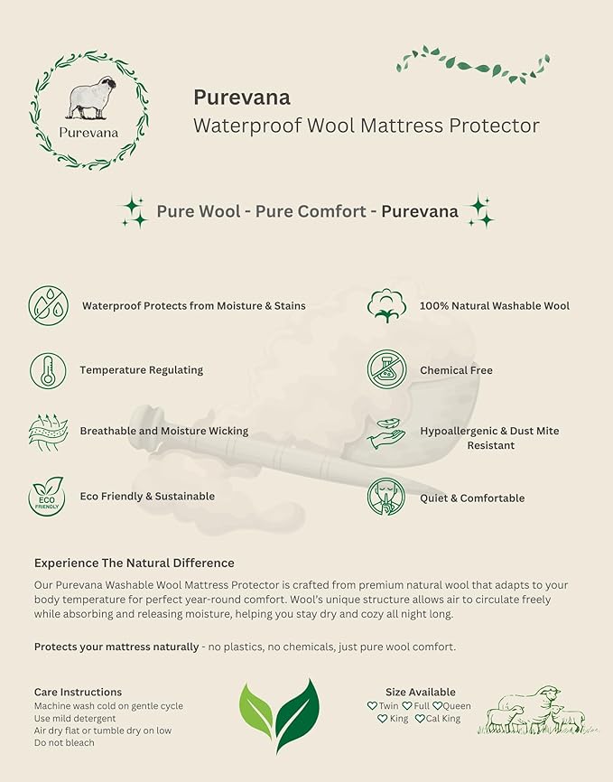 Waterproof Mattress Protector with Washable Wool Filling, Natural Cotton Top, Breathable, Temperature Regulating, Moisture-Wicking, Washable Cover, Twin