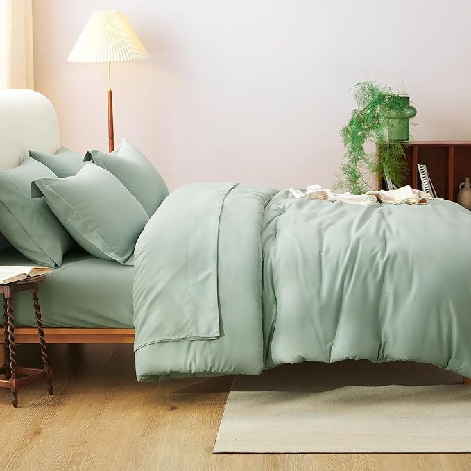 CozyLux Queen Comforter Set Sage Green, 7 Pieces Bed in a Bag Queen Comforter Set with Sheets, Luxury Soft Bedding Sets with Down Alternative Comforter, Fitted Sheet, Flat Sheet, Pillowcases & Shams