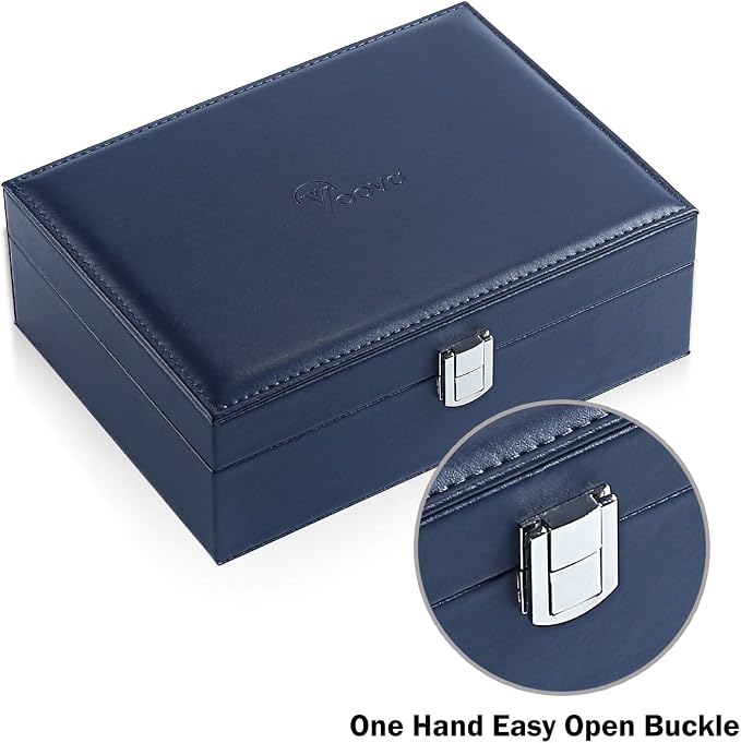 Voova Jewelry Box Organizer for Women Girls, 2 Layer Large Men Jewelry Storage Case,PU Leather Display Jewellery Holder with Removable Tray for Necklace Earrings Rings Bracelets，Vintage Gift，Navy Blue - Image 5
