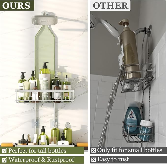 Skyapex Shower Caddy Hanging: Adjustable Height, Rustproof Shelves with Hooks, 2 Soap Holders - Silver Shower Organizer Over Showerhead - Image 5