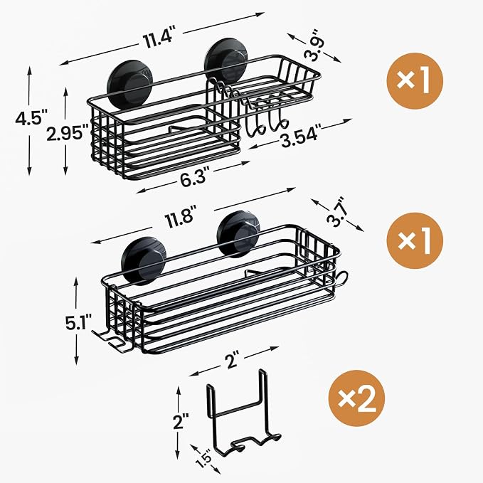 LEVERLOC Shower Caddy Suction Cup, 2 Pack suction shower shelf with Hooks & Soap holder, NO-Drilling Bathroom Holder, Rustproof bathroom organizer, Black - Image 4