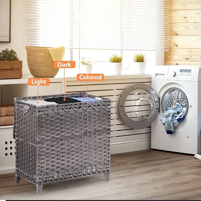 Laundry Hamper with 3 Removable Liner Bags; 132L Handwoven Rattan Laundry Basket with Lid & Heightened Feet; Clothes Hamper with Side Handles; Laundry Sorter with 3 Separate Sections - Image 9