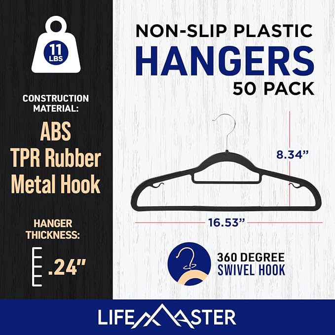 Lifemaster Versatile Clothes Hanger Set - 50 Pieces Space-Saving Dry and Wet Clothes Hanger Set with 360° Swivel Hook and Non-Slip Rubber Design - Black - Image 2